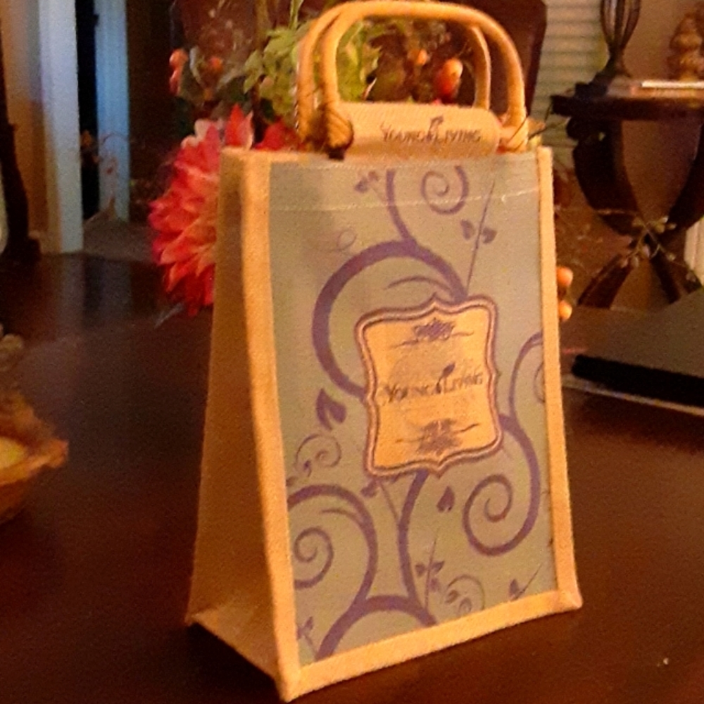 Young Living blue tan purple burlap bag wooden handles 10x8x4" New in bag